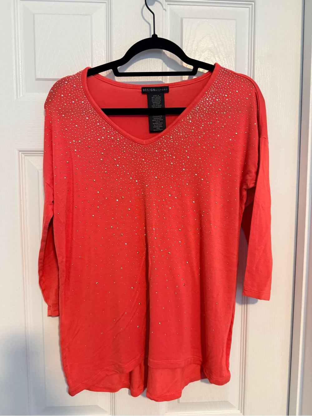 Design History Coral V-Neck Long Sleeve Top with Rhinestone Accents